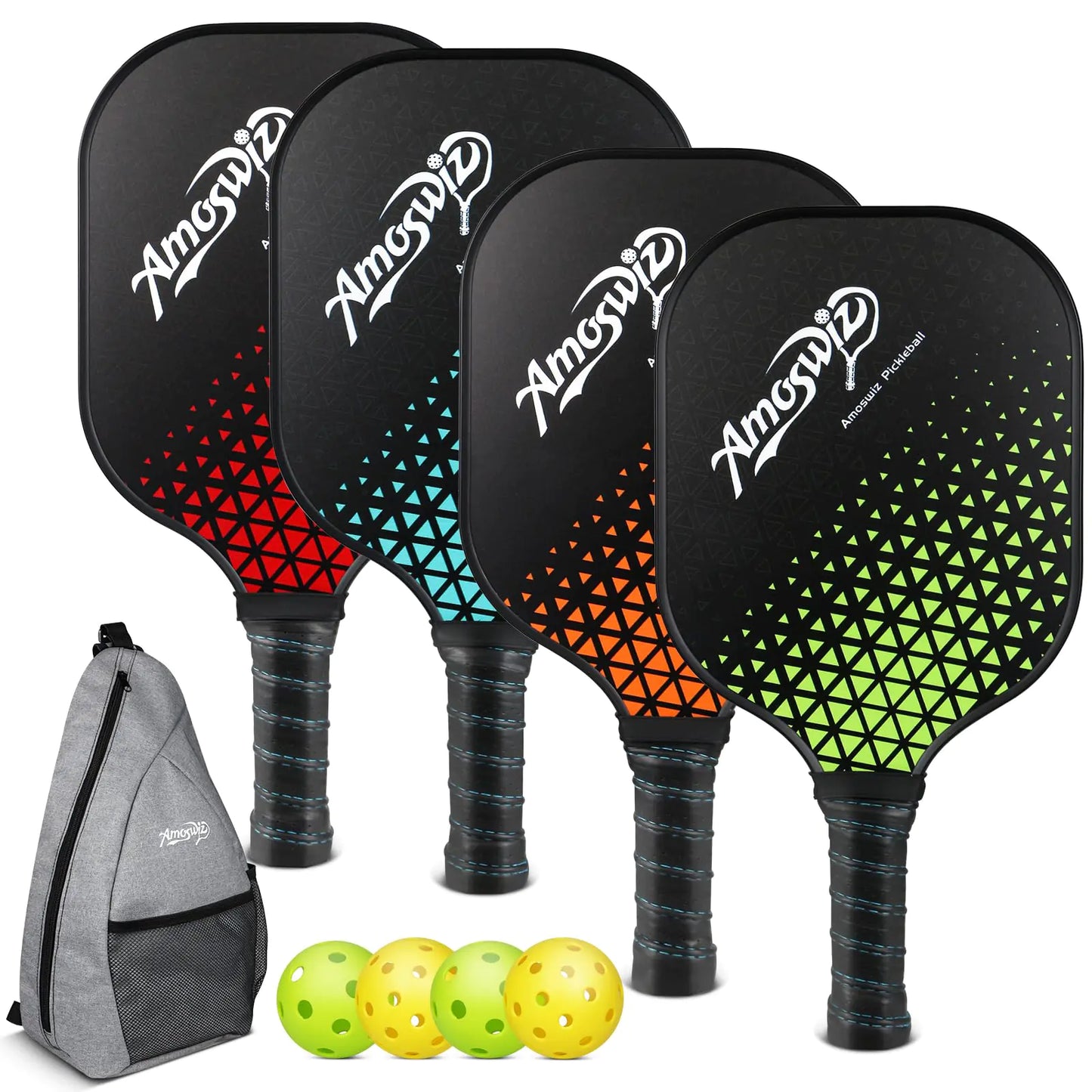 Amoswiz Pickleball Paddles Set of 4 Premium Fiberglass Pickleball Paddles 4 Pack with 4 Pickleballs for Indoor & Outdoor Play Pickle Ball Paddle Set of 4 Pickleball Starter Set for Men & Women